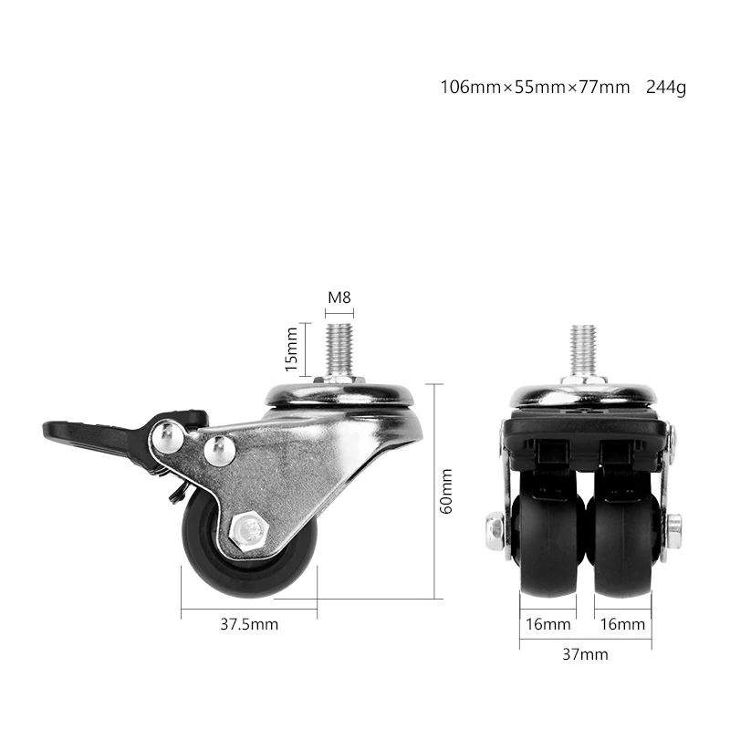 1.5 Inch Dual Wheel Caster 37mm Threaded Stem TPR Swivel Locking Twin Wheel Caster Wheel Furniture Industrial TPR Castor
