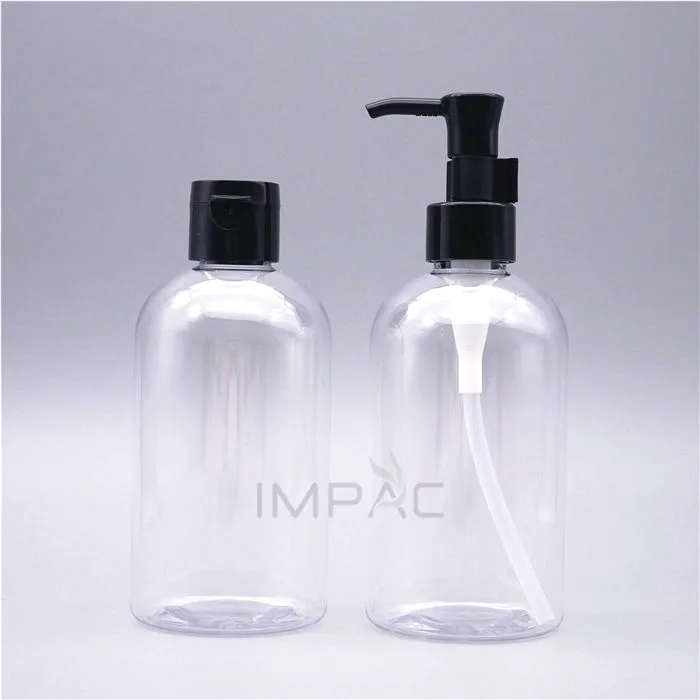 Transparent cosmetic plastic squat boston bottle for shampoo 8 ounce