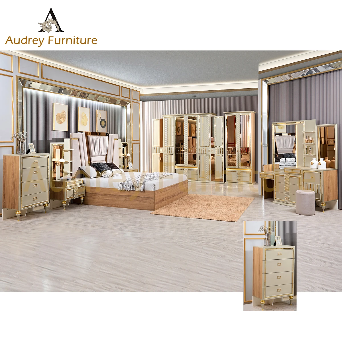 Audrey 1.8M Full Bed Queen Size Bedroom Sets Luxury Modern Upholstered Bed Furniture Bedroom Set