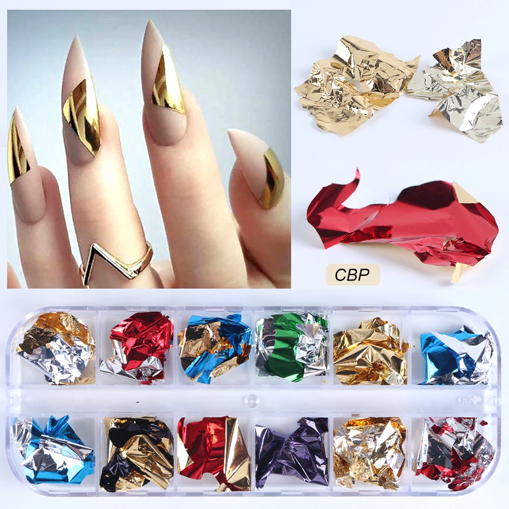 12pcs/box aluminum Irregular mattelic colorful iridescent nail foil flakes