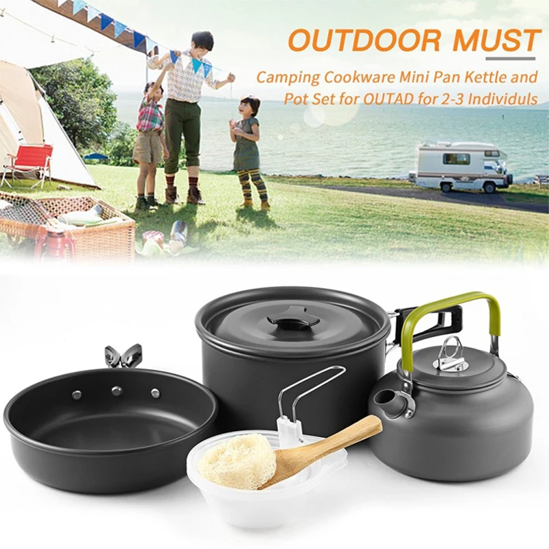 Hot Sale Cooking Utensils, Portable 3-Piece Outdoor Cooking 2-3 People Pot Teapot Camping Kitchen Cookware Sets/