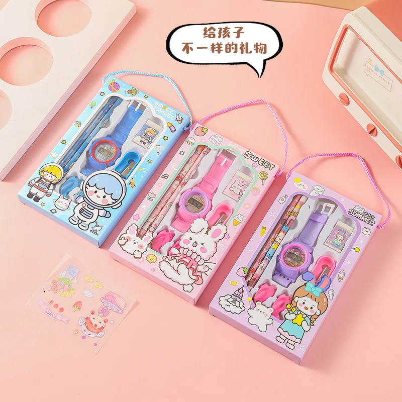 Wholesale School gift cartoon electronic watch Stationery Gift Box Stationery Set Mini Gift With Watch