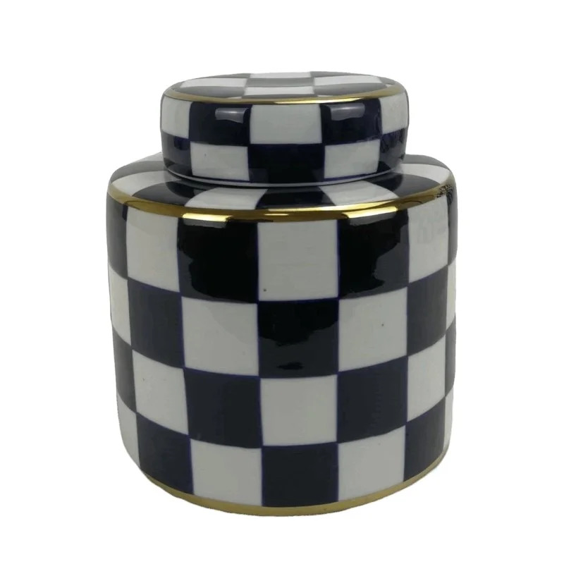 RXCD-WW20 Modern Fashion Design Ceramic Vase Black and White Squares Pattern Gold Base Porcelain Flower Vase