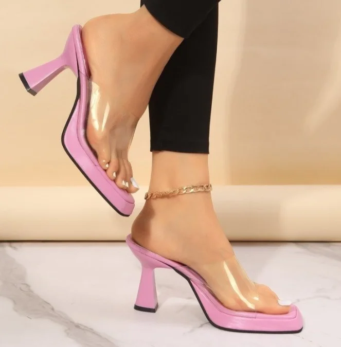 Wholesale Cheap Price Korean Clear PVC Woman Slipper Shoes New Arrivals Transparent  Heel Glass high heels sandals for women