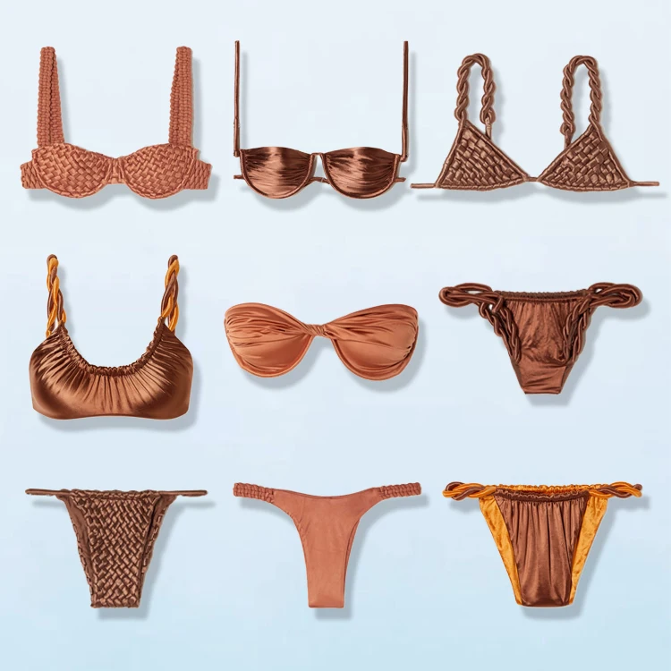 HuiLin wholesale modest waves ruched stretch satin twisted brown swimwear women custom high quality luxury bikini swimwear