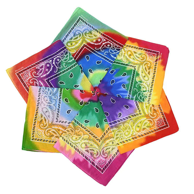Hip Hop Custom Digital  Print Recycled Cowboy 100 Cotton Gradation Tie Dye Square Paisley Bandanas Scarf