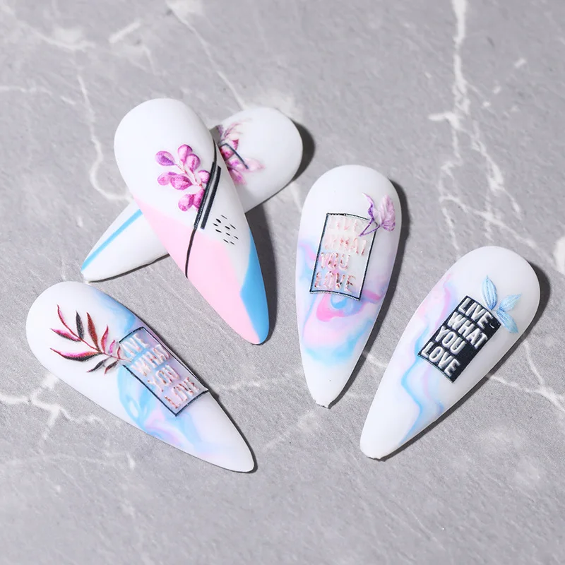 5D Simple Flowers Nail Embossed Stickers Wedding Design Adhesive Sliders Summer Textured Engraved Decoration