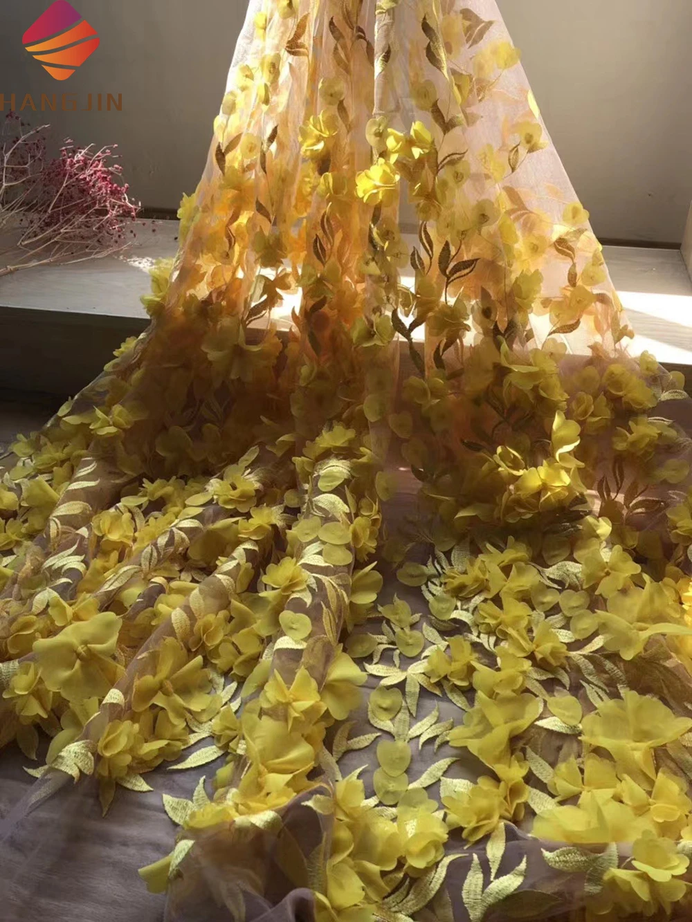 Peach Pink Soft 3D Chiffon Flower Lace Fabric 3D Flowers Petals Embroidery Bridal Tulle Lace Fabric For Wedding Dress