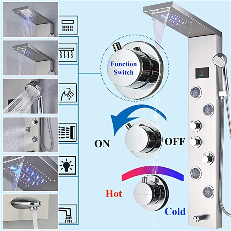 Shower Room Wall-mounted Multi-function Spa Stainless Steel Shower Board With Led Thermostatic Screen