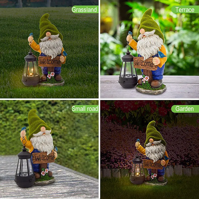 Garden Sculptures Gnome Statue Resin Figurine With Solar Light and Welcome Sign for Outside Patio Yard Lawn Decor