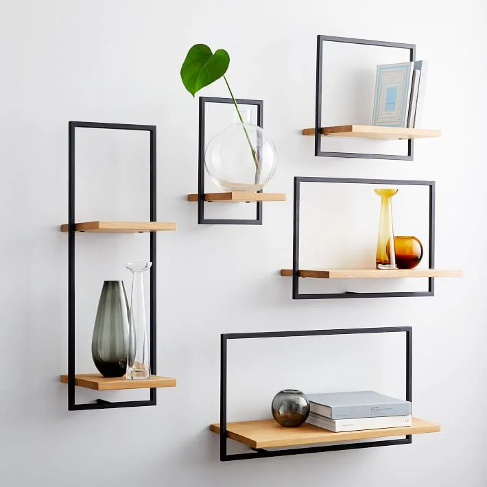 Hot sale Modern Wooden Wall Shelf Floating Wood and Metal Combination Storage Wall Shelves for Living Room Furniture