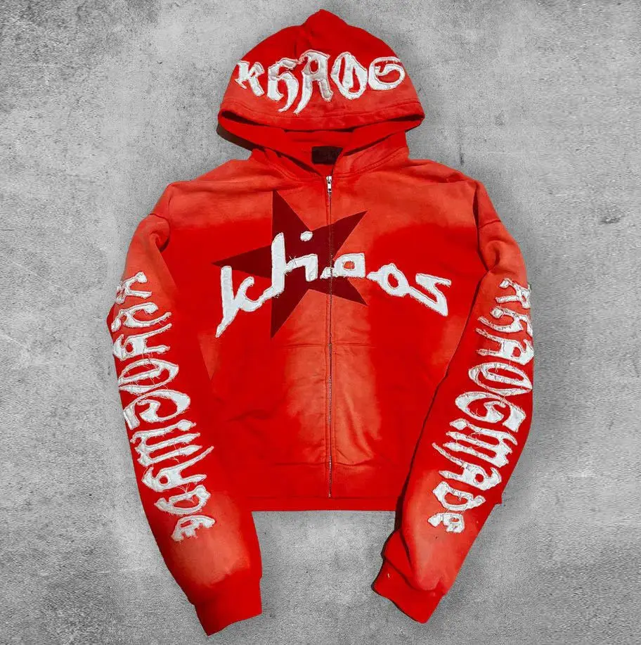 Streetwear Custom Acid Washed Vintage Tracksuit Men Streetwear Distressed Patchwork Hoodie And Sweatpants Set Sweatsuit