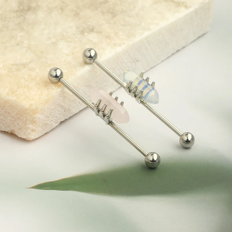 Stainless Steel Opal Stone Industrial Barbell Scaffold Earring Round Ear Stud Cartilage Helix Tragus Piercing Jewelry