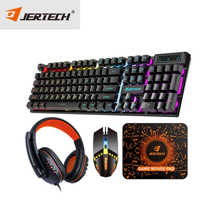 Jertech Mechanical Feel 4 in 1 Gamer Set Wired Keyboard LED RGB Backlit Headset Gaming Keyboard Mouse Pad Combo for Computer
