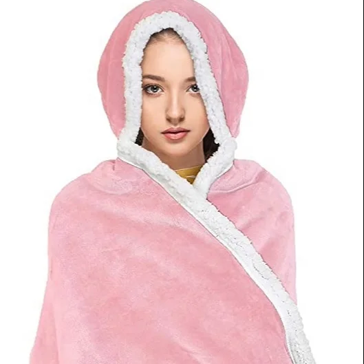 Custom audit oversize wearable pink hooded flannel fleece lightweight blanket robe with logo