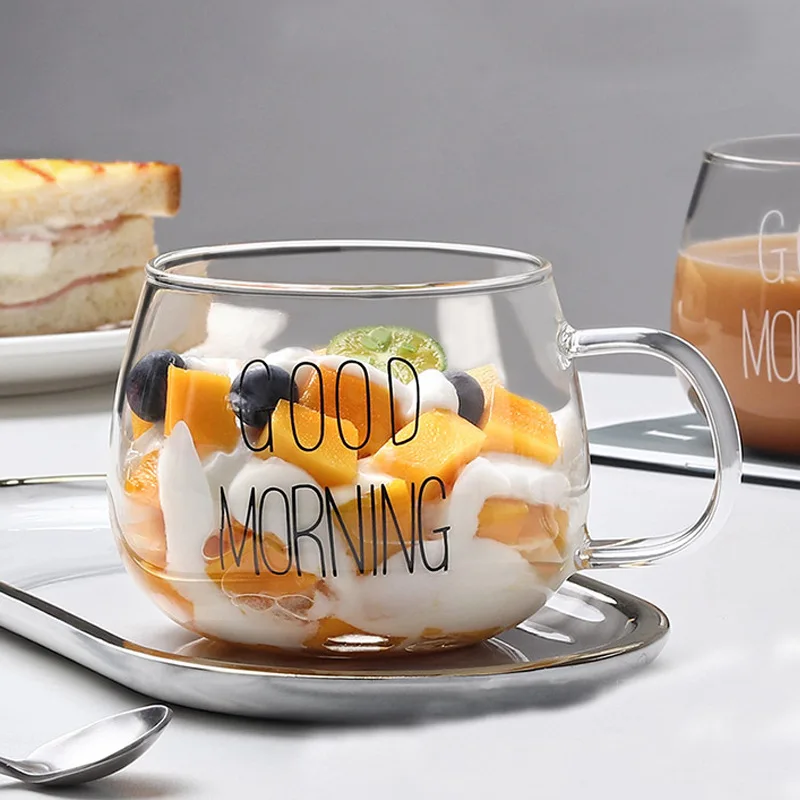 Good Morning Transparent Glass Cup Heat-resistant Coffee Milk Juice Tea Breakfast Mug Handle Couple Tasse