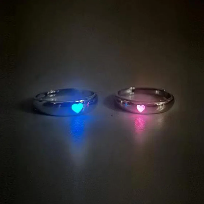 Fashion Adjustable Luminous Couple Ring Glow In Dark Blue Pink Love Heart Luminous Couple Ring For Women Men