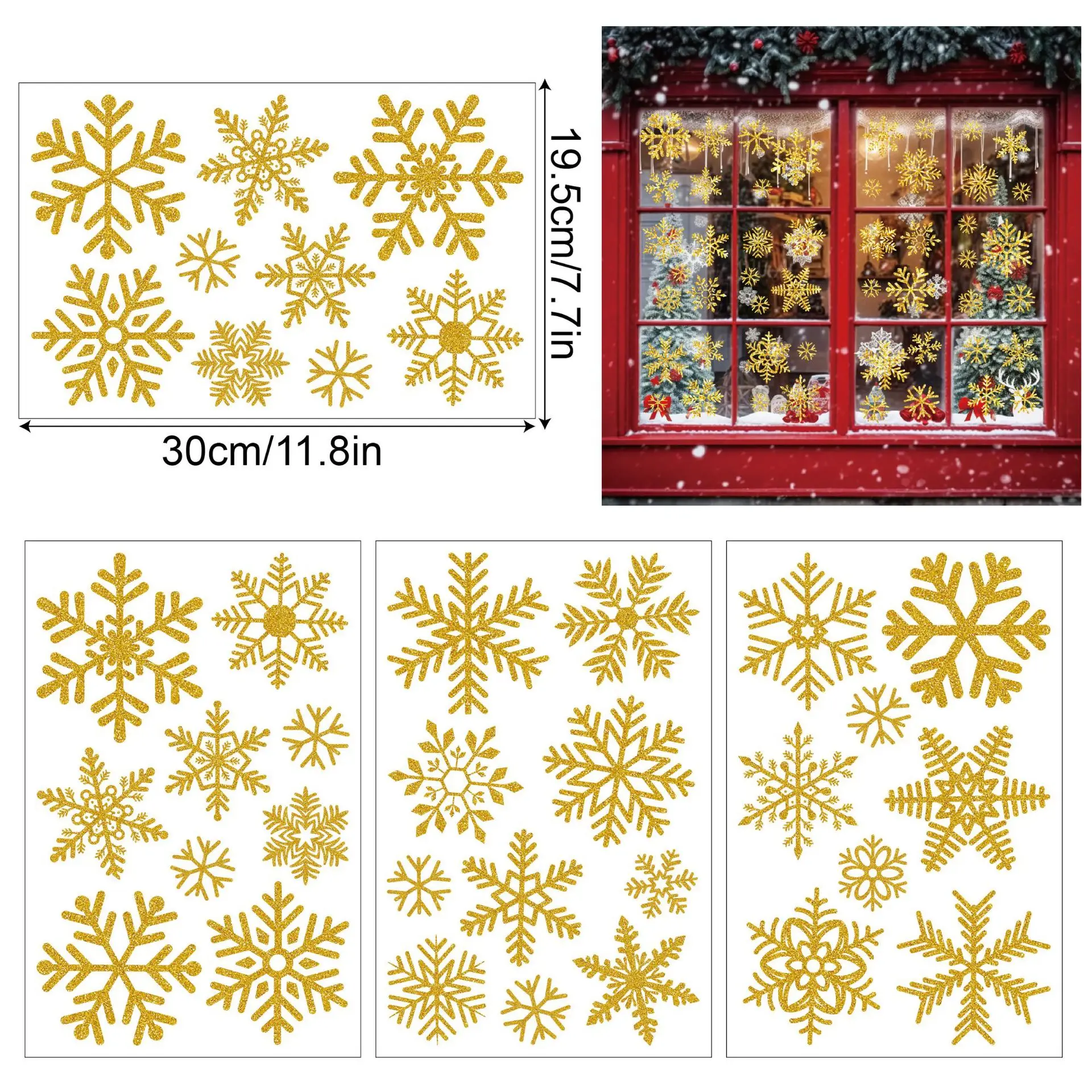 Christmas Snowflake Glitter Gold Silver Electrostatic Adsorption Holiday Decorations Celebrate Shopwindow Custom Window Sticker