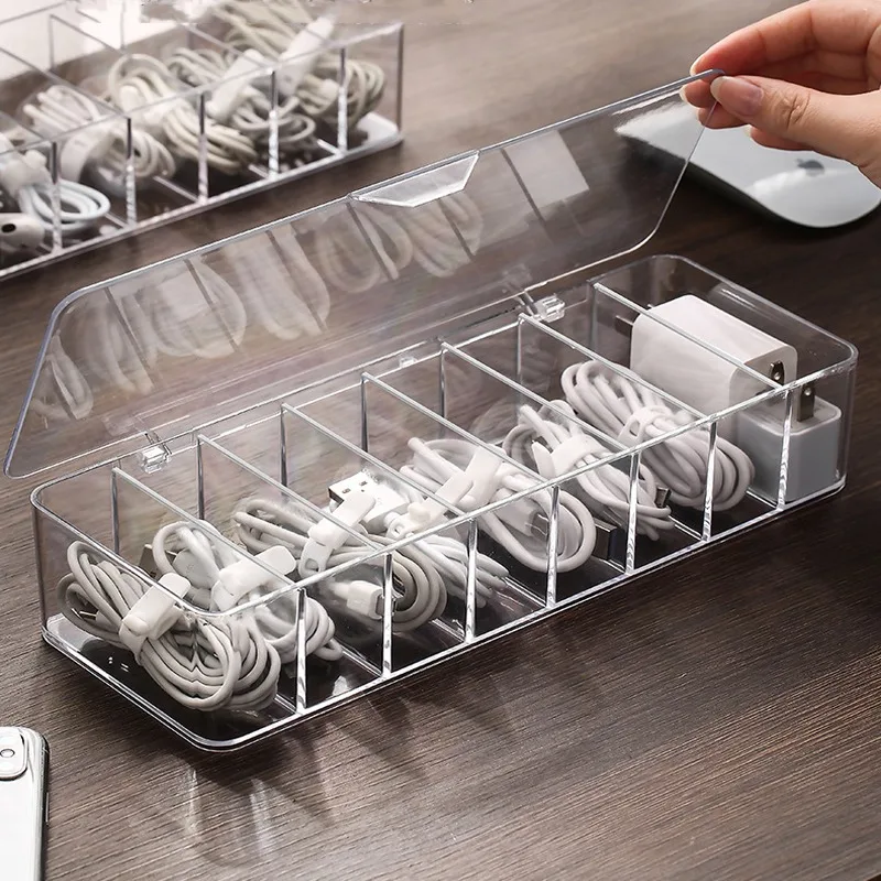 Plastic Desktop Sorting Compartments Cord Holder Data Charging Cable Earphone Organizer Transparent  Data Cable Storage Box