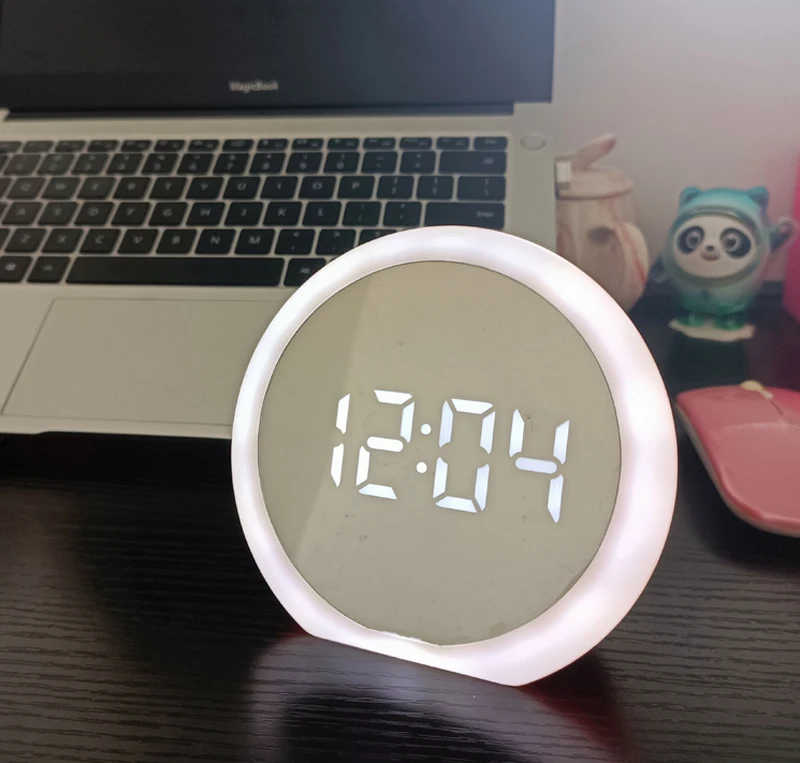 Funny electronic clock round Mirror surface rechargeable white LED time day of the week jumbo display home alarm clock