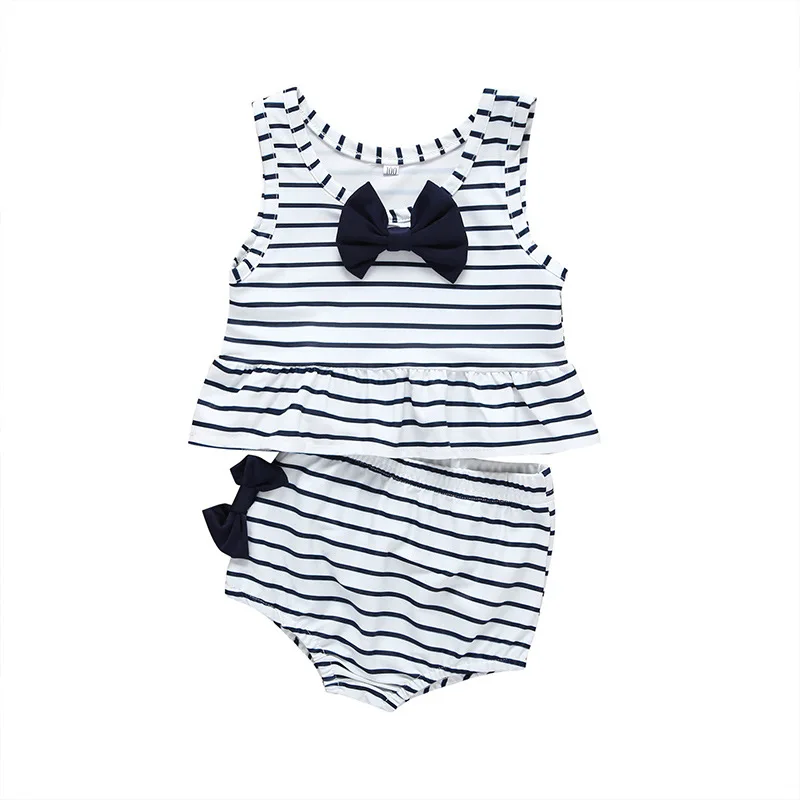 2021 New Beach Breathable Sweet Sleeveless Striped Bow Baby Girl Swimsuit