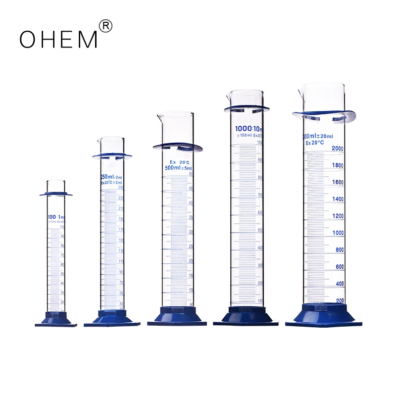 Lab glassware 1000ml glass High Accurate Degree blue Plastic Bottom Measuring Cylinder With Graduation
