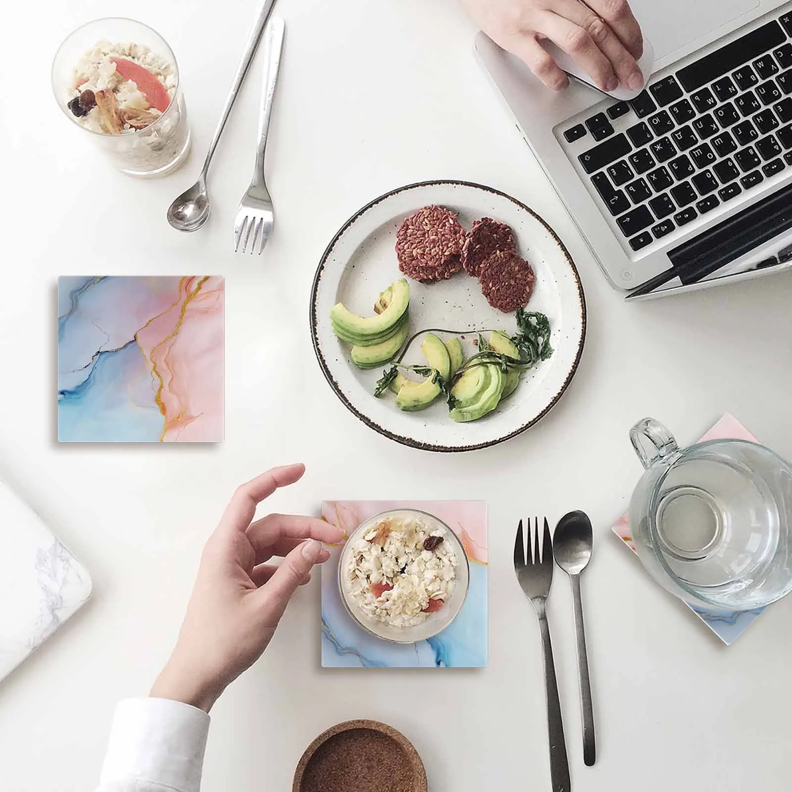 OEM Worn Wood Absorbent Square Marble Pattern Coaster Ceramic Stone Mat with Cork Base and Metal Holder Gift for Housewarming