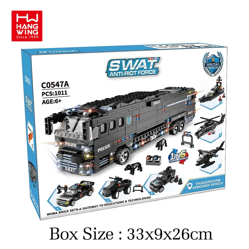 HW Toy 6 in 1 SWAT black team of the storm mobile combat bus building blocks sets 1011PCS DIY technologies bricks toys for kids