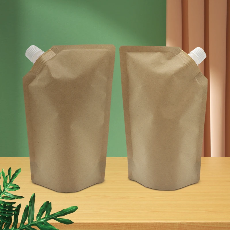 Eco friendly brown white black craft paper spout pouch kraft paper bag food grade biodegradable spouted pouches for liquid
