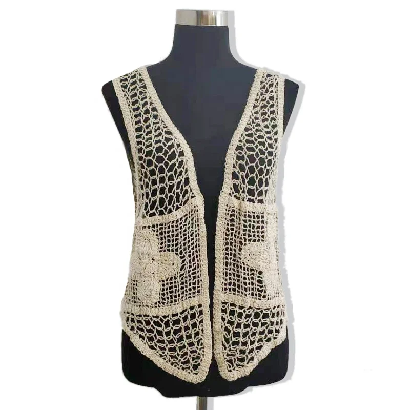 
Factory Direct 100% Cotton Embroidery Top Women Sleeves Crew Neck Vest Sweater Fashion Knitted Cardigan Tops With Cheap Price 
