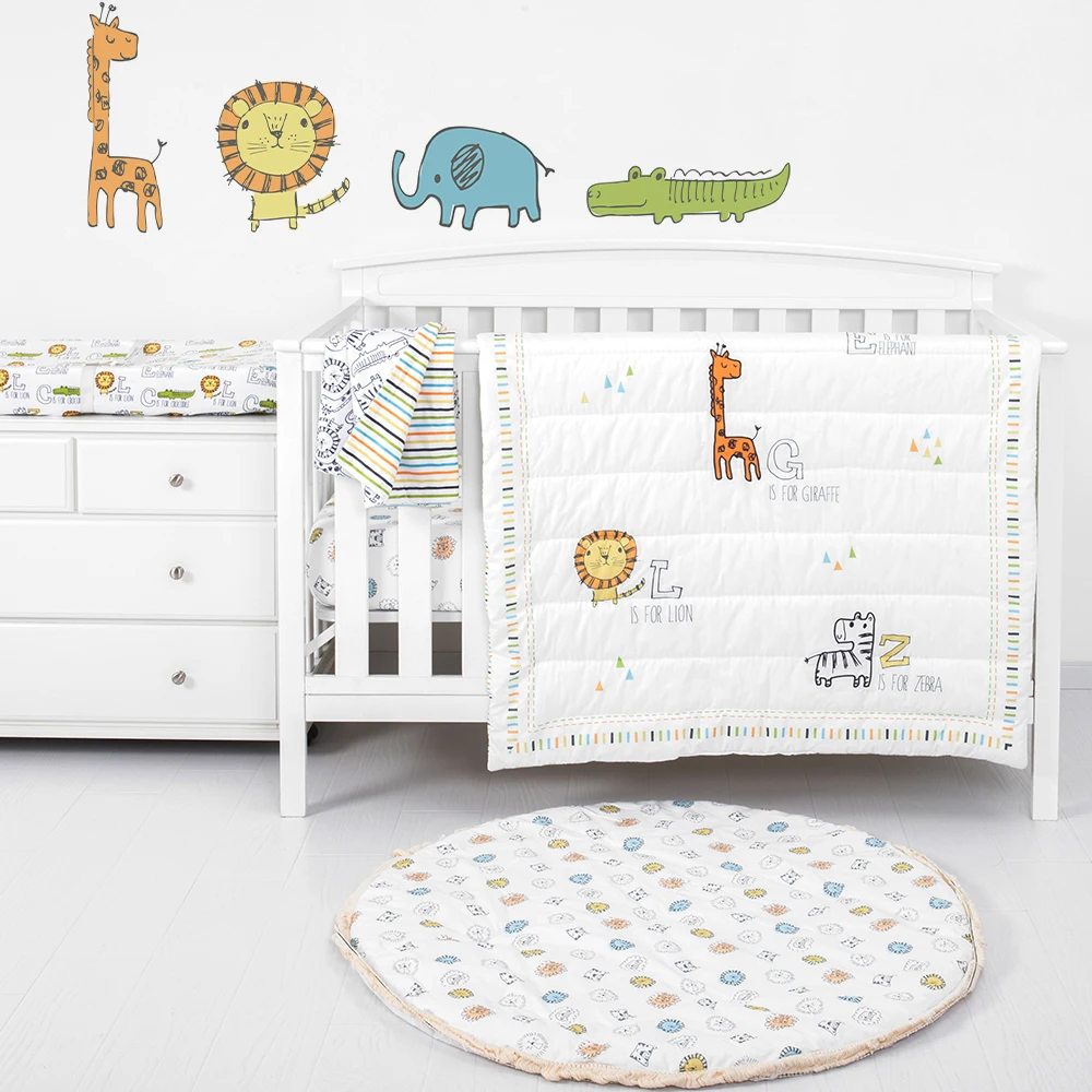 Animal Zoo Crib Cot Lion Elephant Nursery Bed Set Embroidery 100% Cotton Newborn Baby Bedding Set