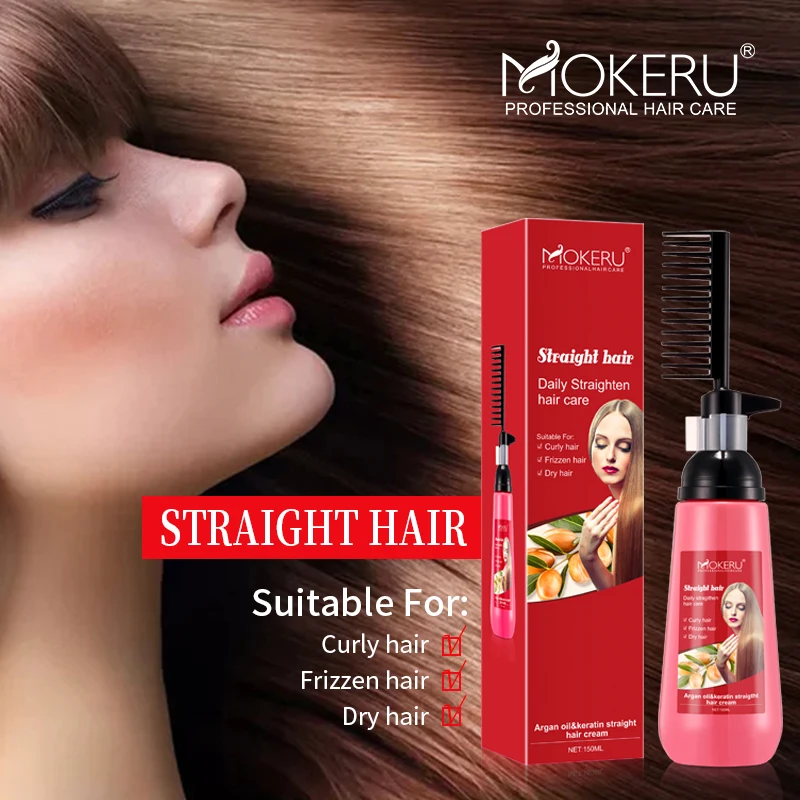 Mokeru Argan Oil Keratin Straight Hair Cream OEM Welcomed  Wholesale Manufacturer  Daily Straighten Hair Care With Comb At Home
