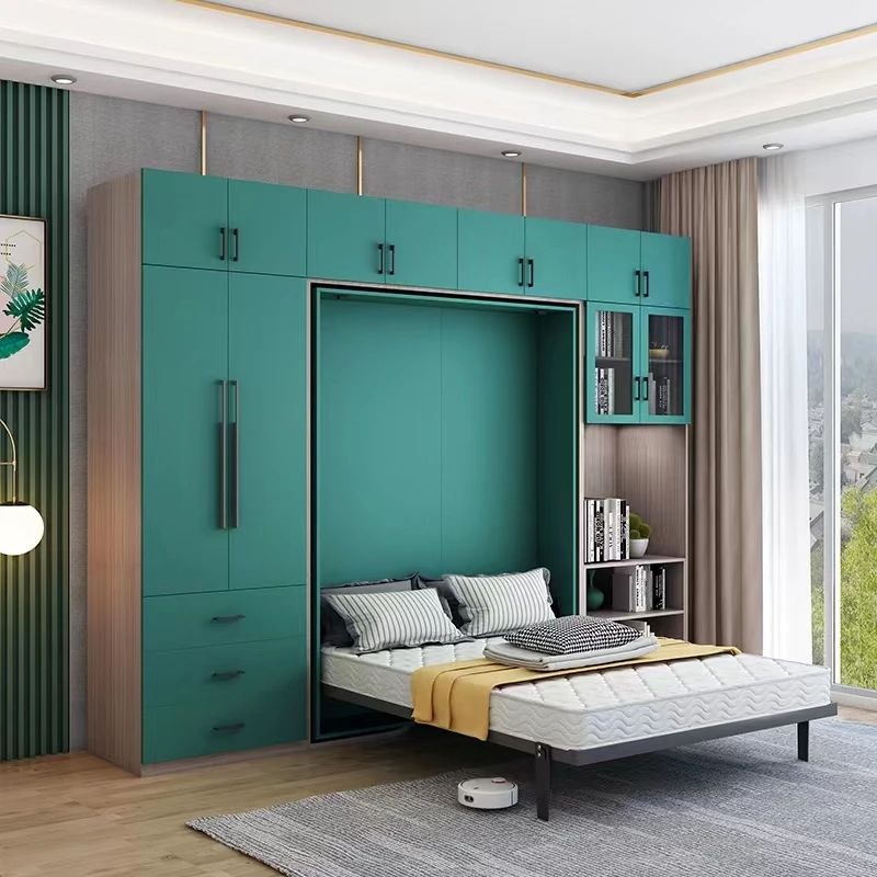 Wooden Rotating invisible folding bed combination multi functional wardrobe cabinets desk bookcase wall Murphy bed