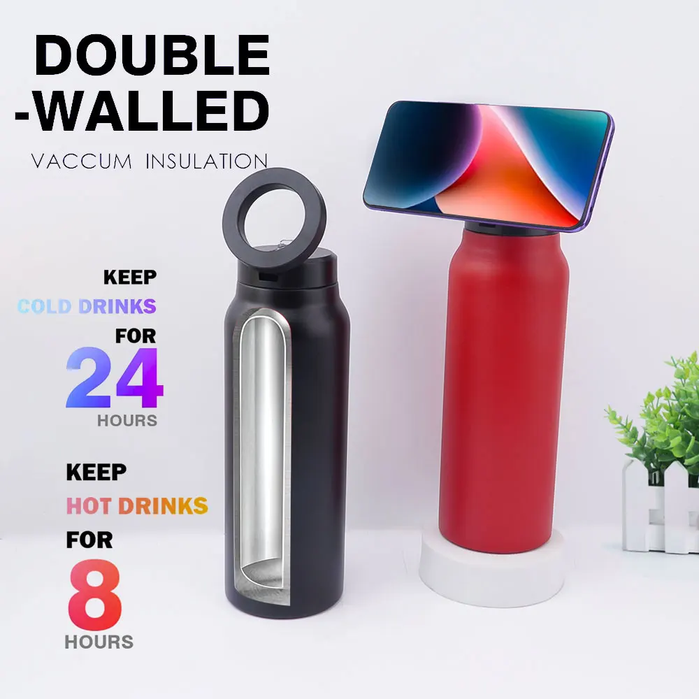 Magsafe Water Bottle 24OZ 710ml Double Wall Steel with Magnetic Ring Phone Holder Magnetic Lid Water Bottle for IPhone 15 14 13