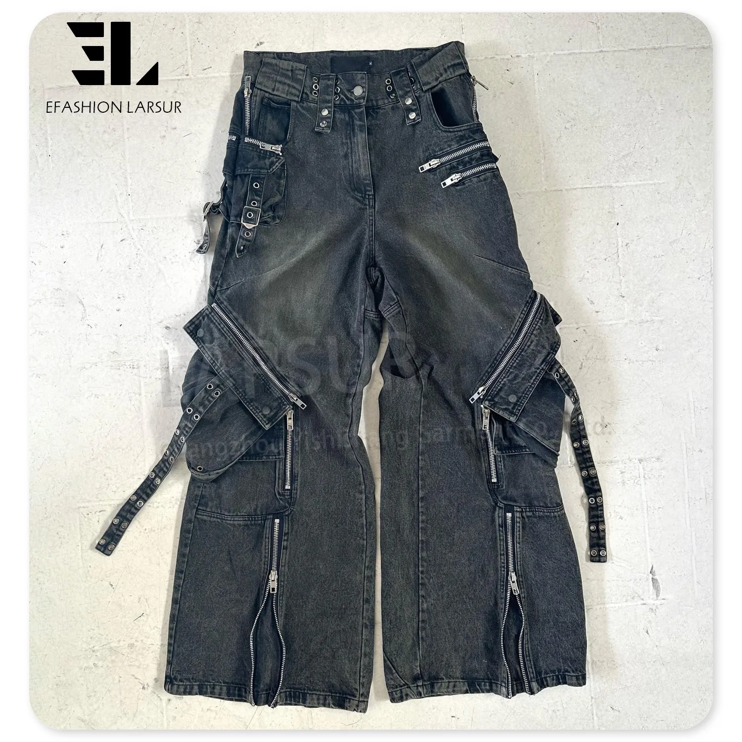 LARSUR Custom denim factory stone washed heavy cargo jeans men with multi pocket baggy wide distress flare cargo denim pants