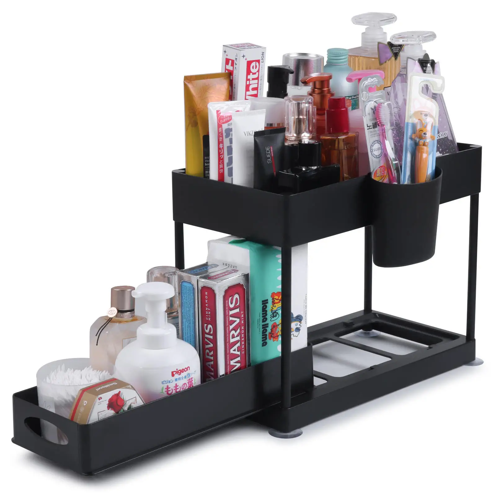 GQK Modern 2-Tier under Sink Organizer for Bathroom or Kitchen Black Drawer with Sliding Cabinet Basket
