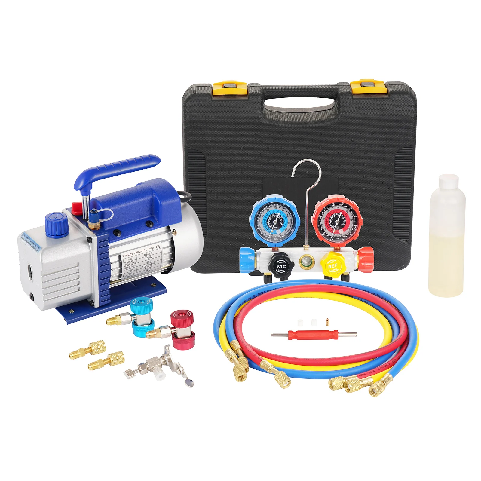 4CFM 1/3HP Single Stage Vacuum Pump and 4-Way Manifold Gauge Set for R410a, R22, R134A, R404A