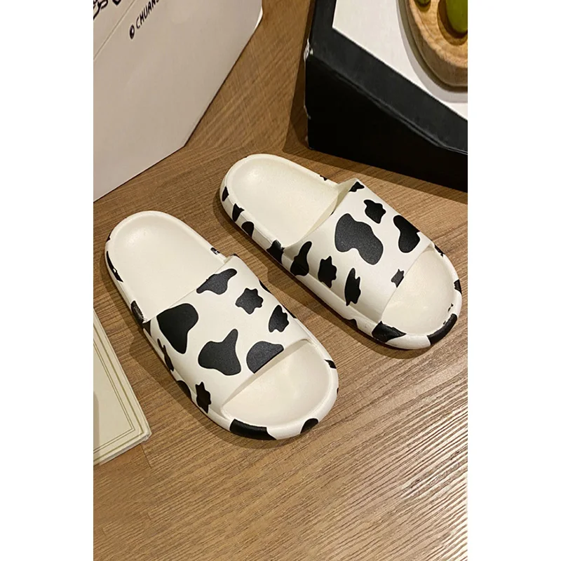 New Fashion White Cow Animal Print Cork Soled Slippers Soft Rubber Slippers Sole
