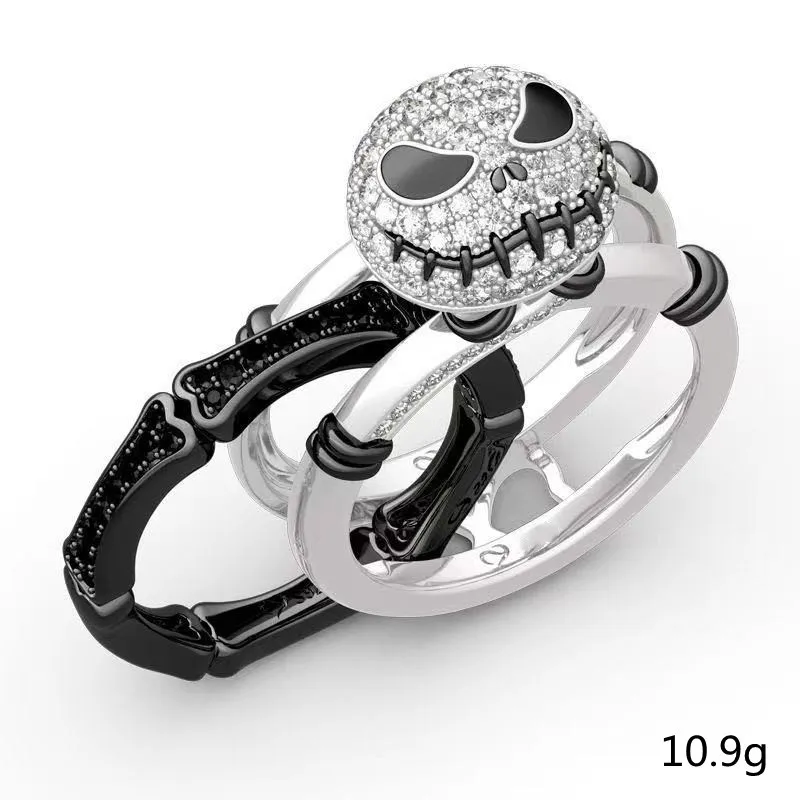 Popular Skull Cute Christmas Rings Halloween Nightmare Before Christmas Rhinestone Finger Ring 2 in 1 Skeleton Rings Jewelry