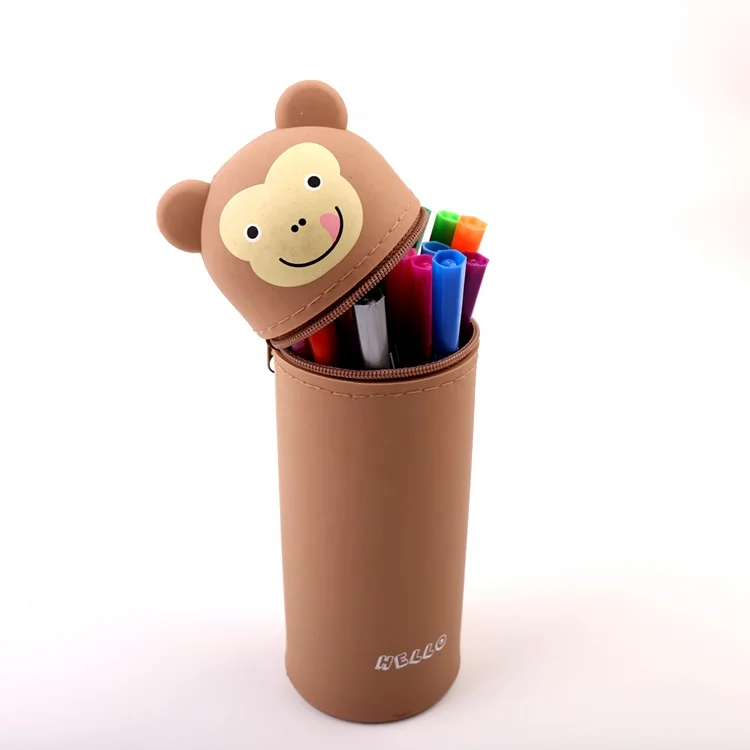 Custom Sublimation Durable PVC Pencil Box Soft Silicone Brown Cute Monkey Printing Pencil Case With Zipper For Kids