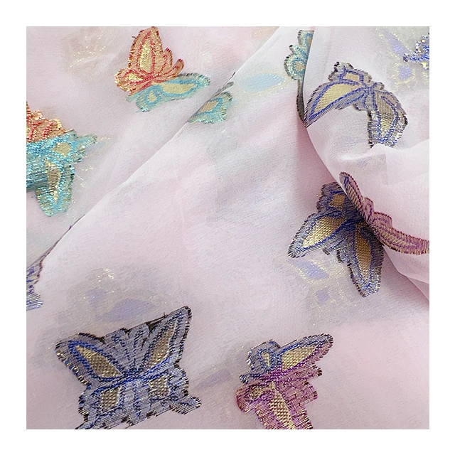 Wholesale Colorful Butterfly Somali Dirac Design Tulle Silk Lurex Jacquard Fabric