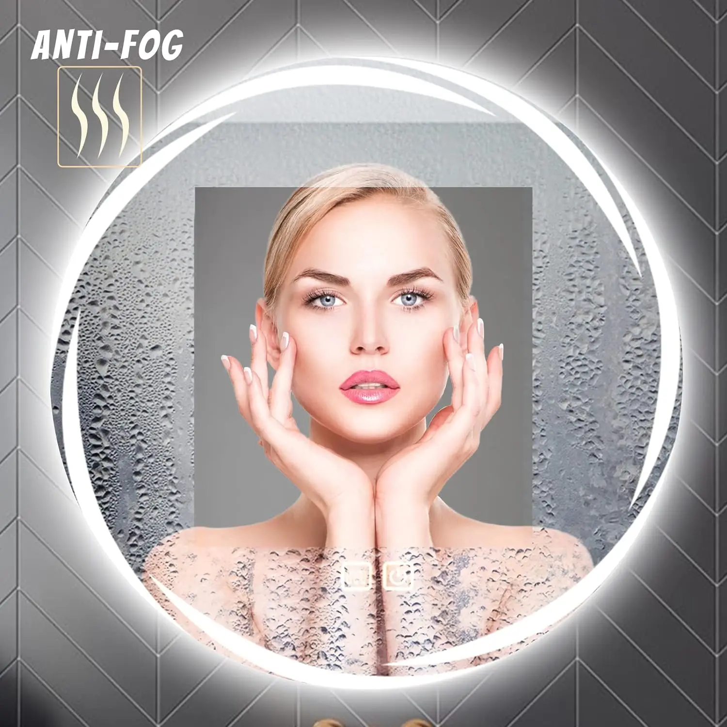 Round Modern round Bathroom LED Mirror Backlit Lighting Touch Sensor Illuminated Rectangular Design Aluminum back Defogger Hotel