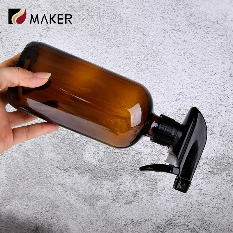 500ml amber brown boston round refillable shampoo dispenser lotion glass spray bottle with trigger sprayer pump for liquid soap