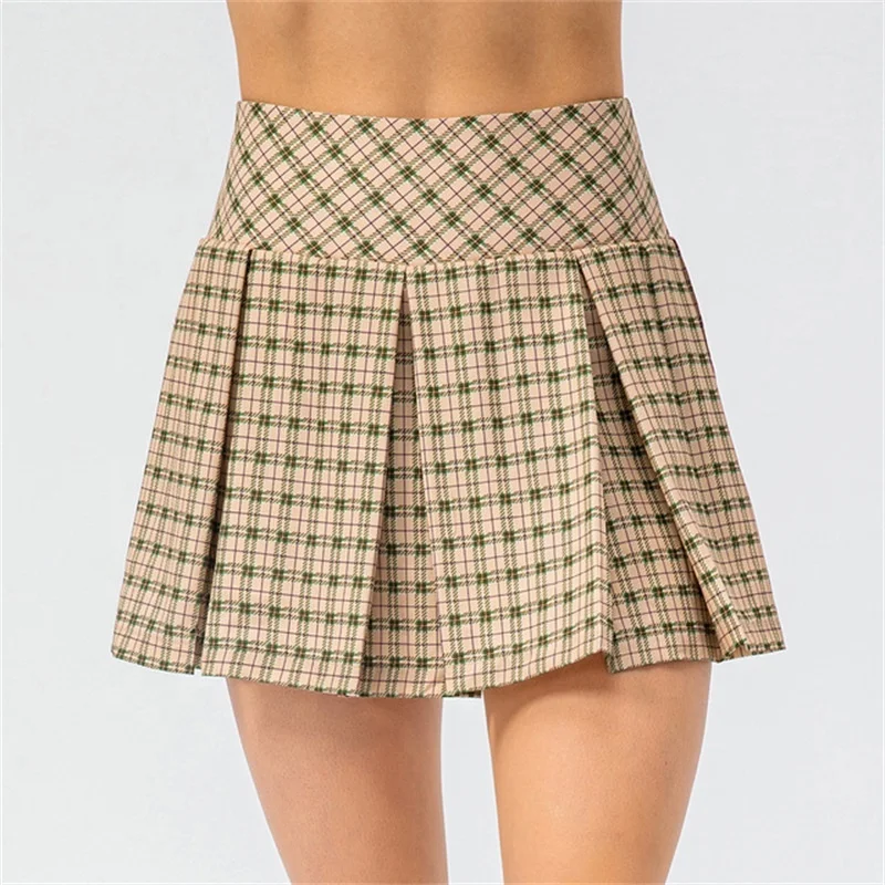 OEM Custom Summer Girl Fake Two Pieces 2 in 1 Outdoor Running Skort Workout Sports Casual Pleated Plaid Tennis Skirt Shorts
