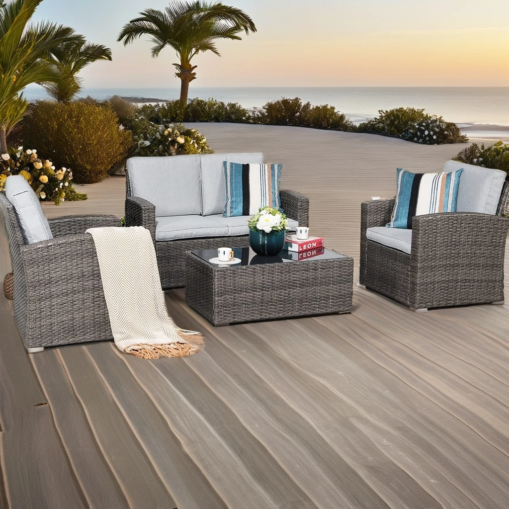 Patio Furniture Set 4 Piece Outdoor Patio Conversation Set All-Weather PE Rattan Wicker Sectional Patio Sofa Set with Table