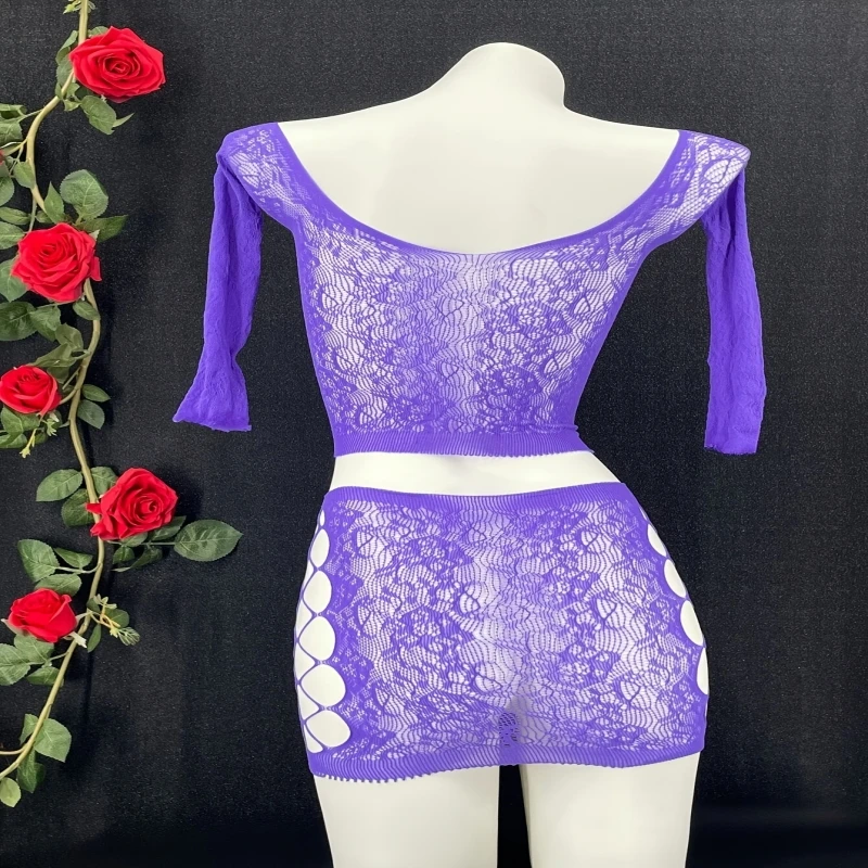 New Arrival Sexy Bodysuit Plus Size Sheer Nylon Bodystockings 2 Pieces Off Shoulder Long Sleeve Body Stockings Top+ Skirt Set