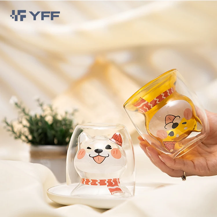 2022 Cute Clear high borosilicate shiba inu design double wall glass cup