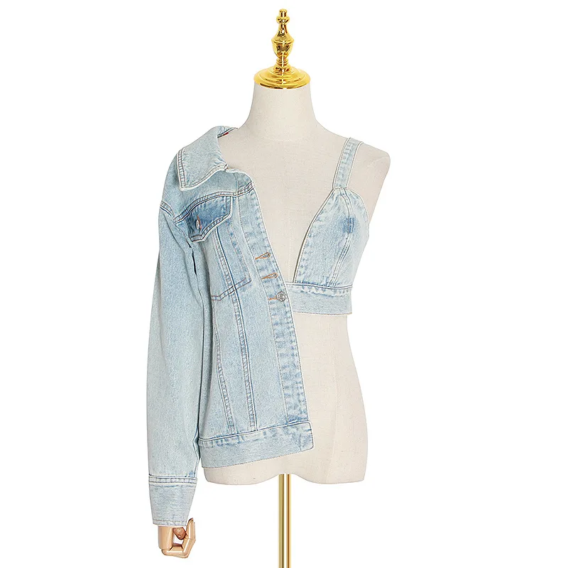 New Fashion Sexy Lapel Open Waist Denim Jacket custom cropped jean jacket