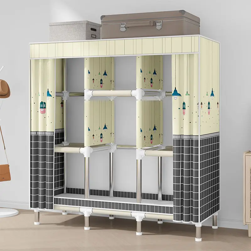 Bedroom Clothes Organizer Portable Non Woven Folding Wardrobe Metal Frame Multi Purpose Kids Wardrobe