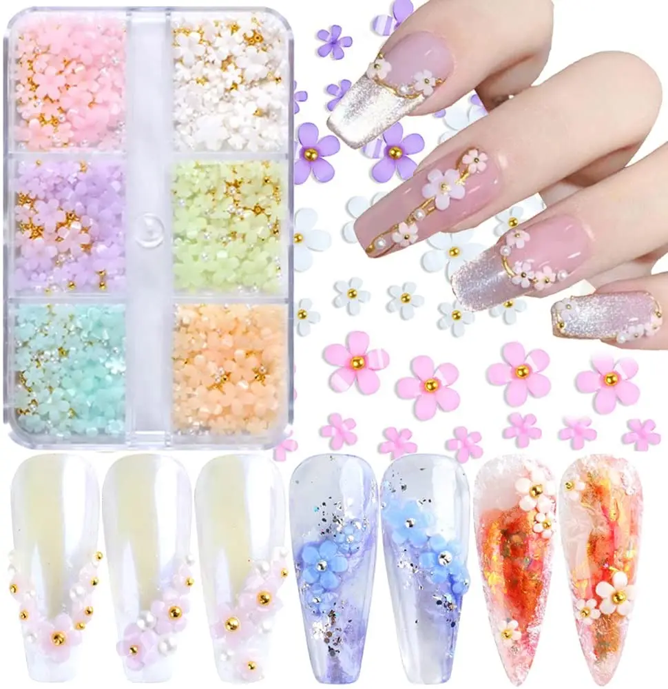 6 Grids Nail Rhinestones Kit with Bead 3D Flower Nail Charms for Acrylic Nails Cherry Blossoms